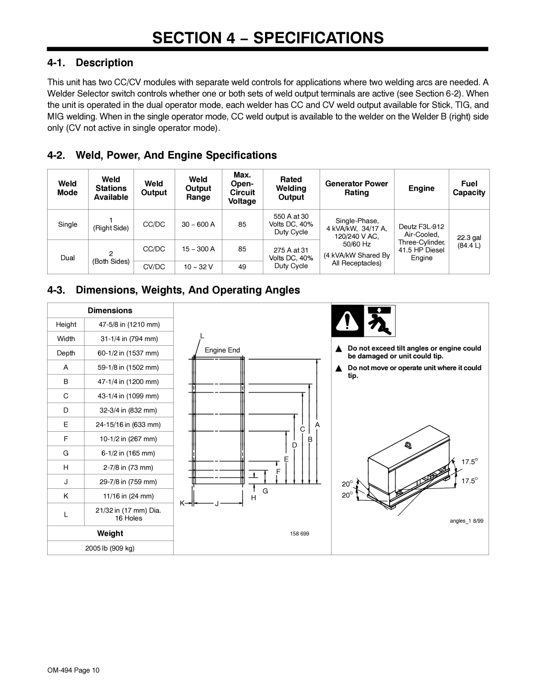 Miller Electric OM-494 Description, Weld, Power, And Engine Specifications, Dimensions, Weights, And Operating Angles 