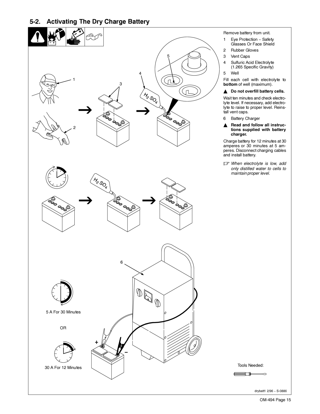 Miller Electric OM-494 manual Activating The Dry Charge Battery, Do not overfill battery cells, Read and follow all instruc 