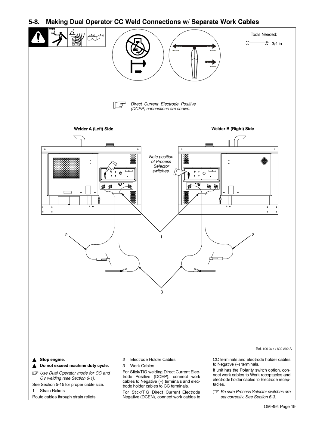 Miller Electric OM-494 manual Welder a Left Side, Do not exceed machine duty cycle 