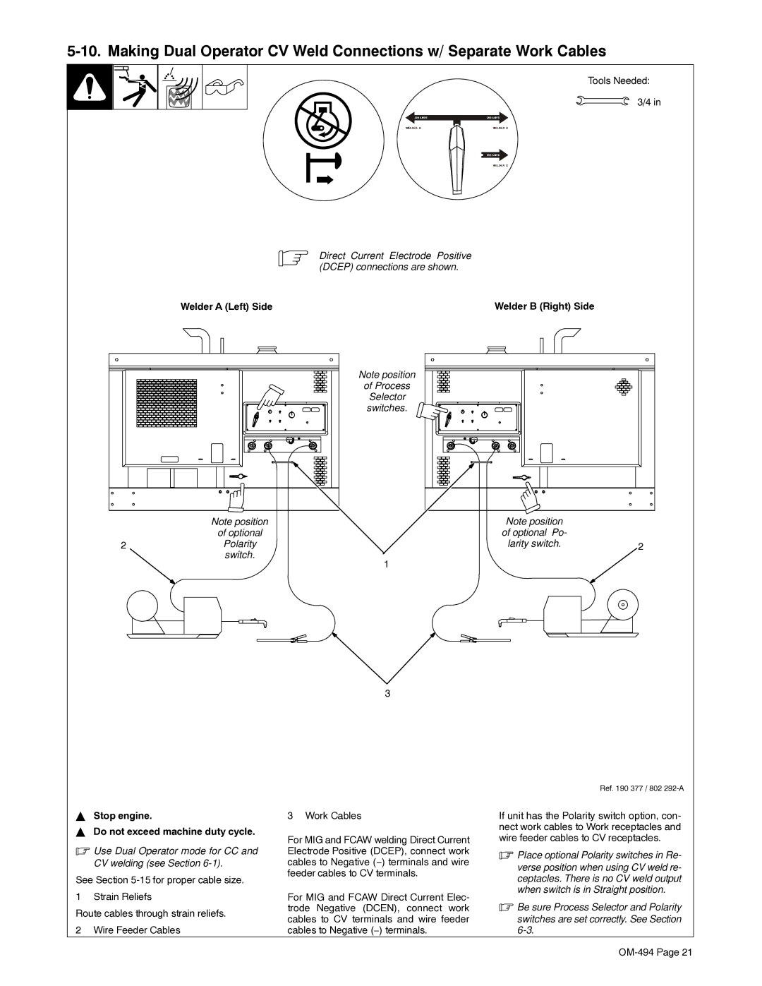 Miller Electric OM-494 manual Place optional Polarity switches in Re, Verse position when using CV weld re 