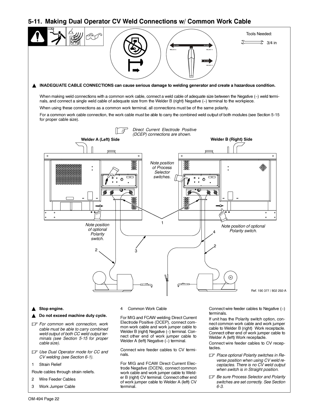 Miller Electric OM-494 Connect wire feeder cables to Negative − terminals, Connect wire feeder cables to CV recep- tacles 