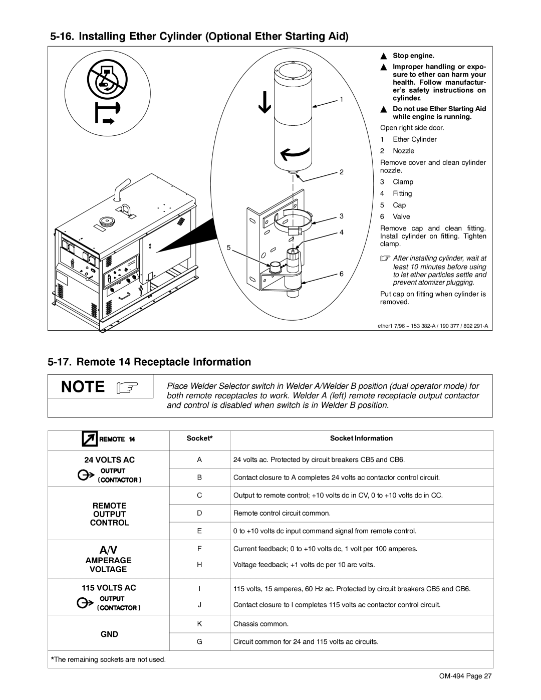 Miller Electric OM-494 manual Installing Ether Cylinder Optional Ether Starting Aid, Remote 14 Receptacle Information 