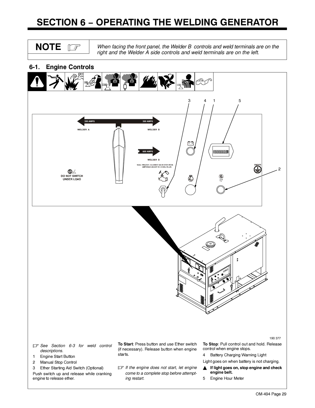 Miller Electric OM-494 manual Operating the Welding Generator, Engine Controls, See -3for weld control descriptions 