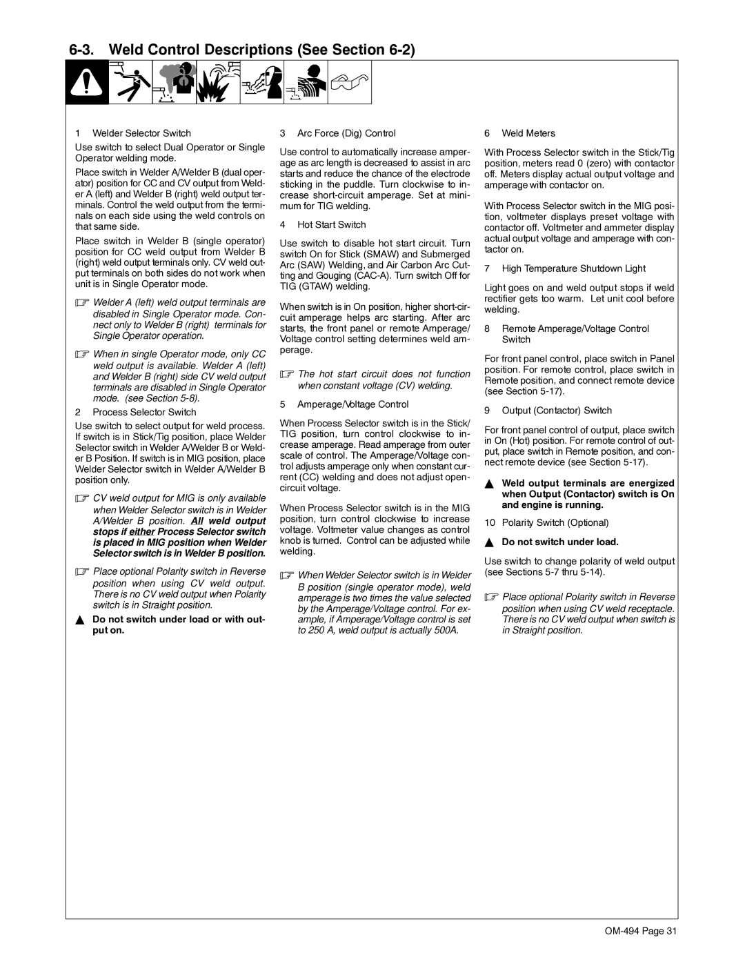 Miller Electric OM-494 manual Weld Control Descriptions See Section, CV weld output for MIG is only available 