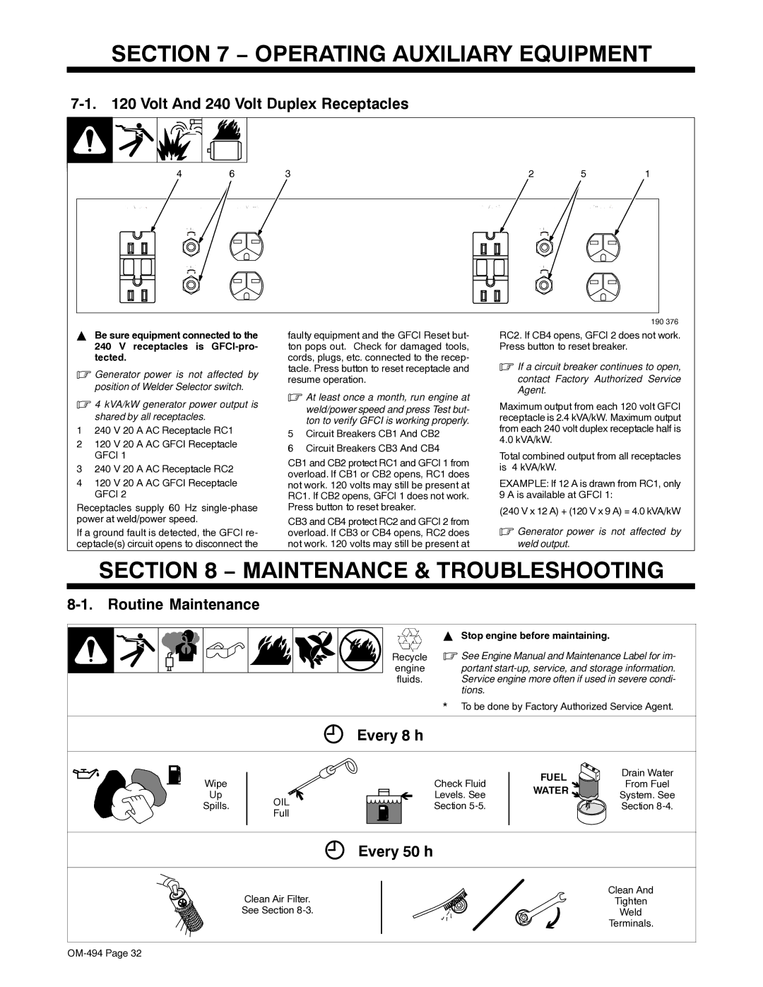 Miller Electric OM-494 manual Operating Auxiliary Equipment, Maintenance & Troubleshooting 