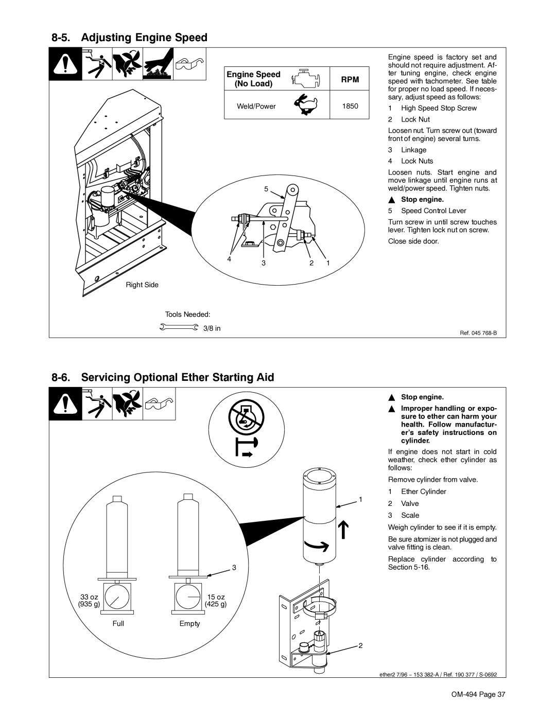 Miller Electric OM-494 manual Adjusting Engine Speed, Servicing Optional Ether Starting Aid, Weld/Power 1850, Cylinder 