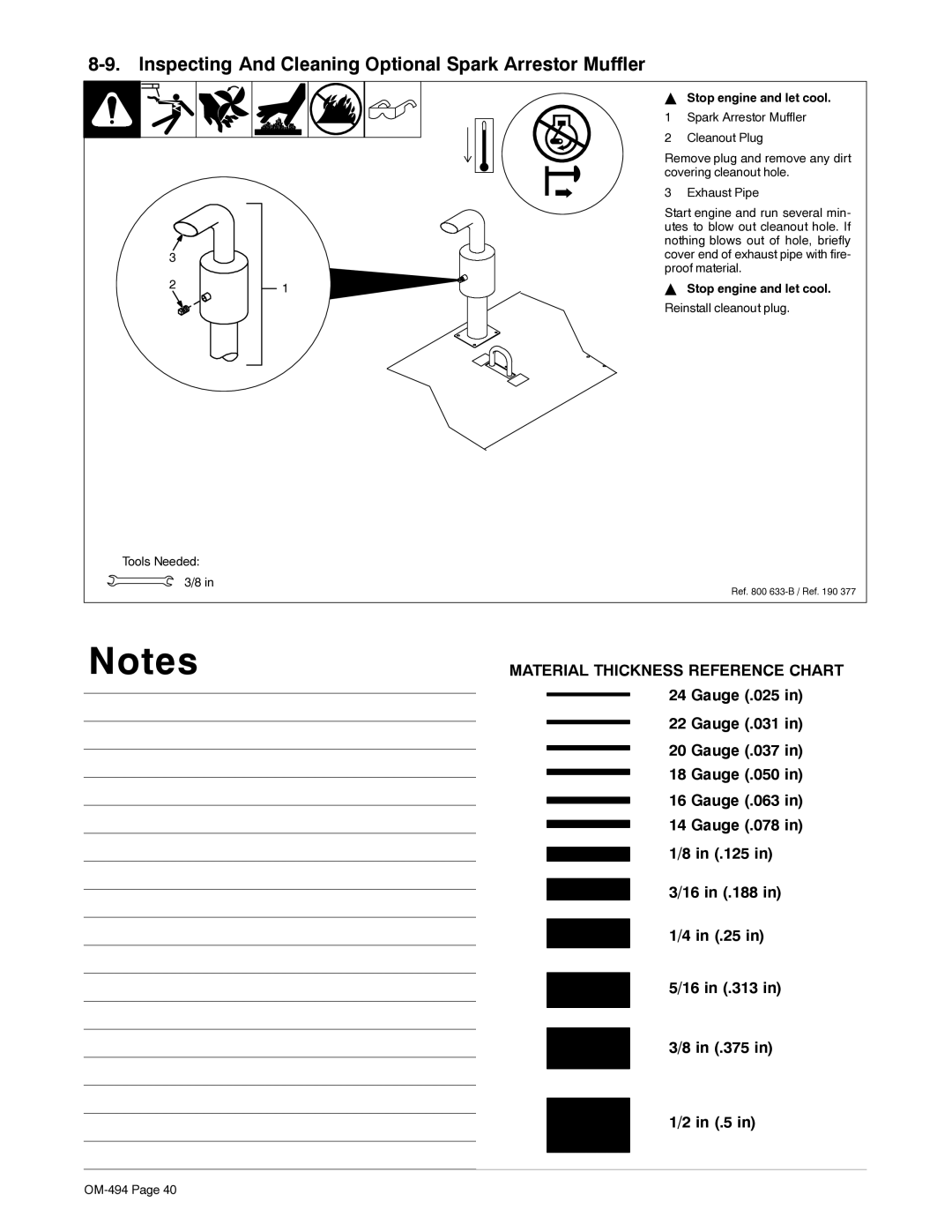 Miller Electric OM-494 Inspecting And Cleaning Optional Spark Arrestor Muffler, Reinstall cleanout plug Tools Needed 3/8 