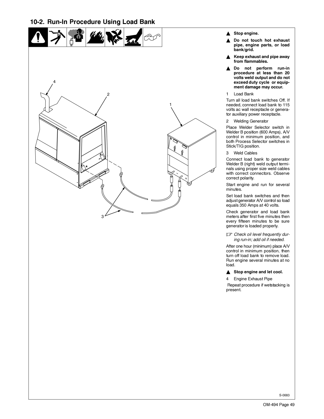 Miller Electric OM-494 manual Run-In Procedure Using Load Bank, 4exceed duty cycle or equip- ment damage may occur 