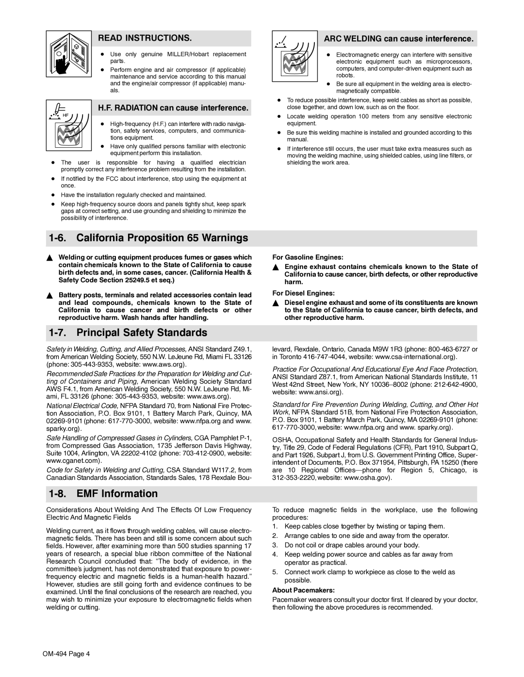 Miller Electric OM-494 manual California Proposition 65 Warnings, Principal Safety Standards, EMF Information 