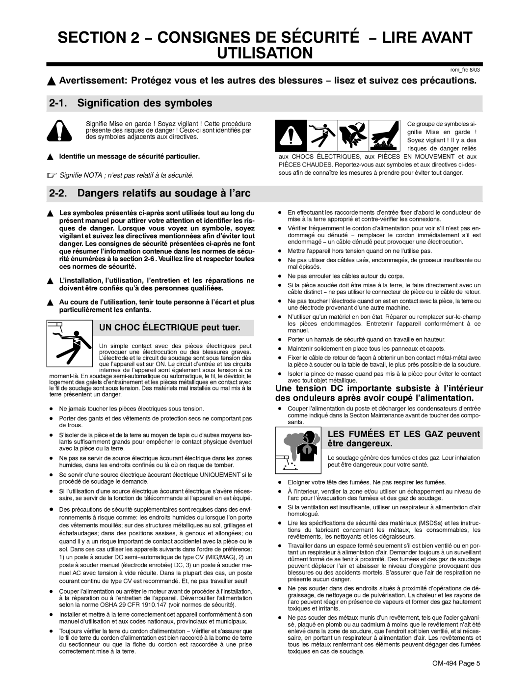 Miller Electric OM-494 manual Consignes DE Sécurité − Lire Avant Utilisation, Signification des symboles 