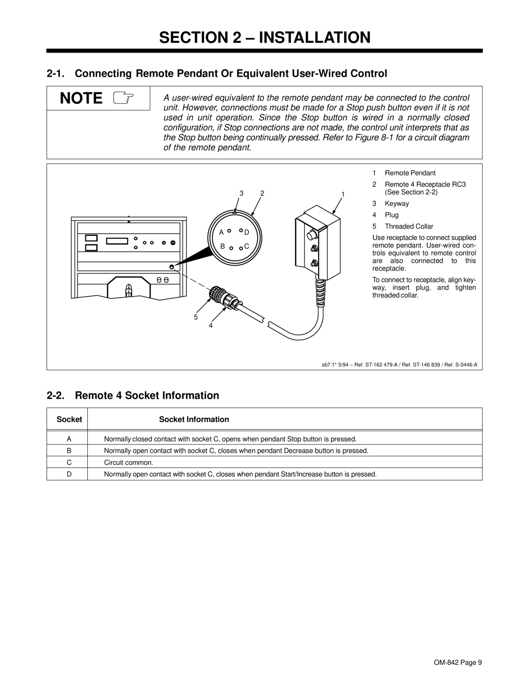 Miller Electric OM-842 manual Installation, Connecting Remote Pendant Or Equivalent User-Wired Control 