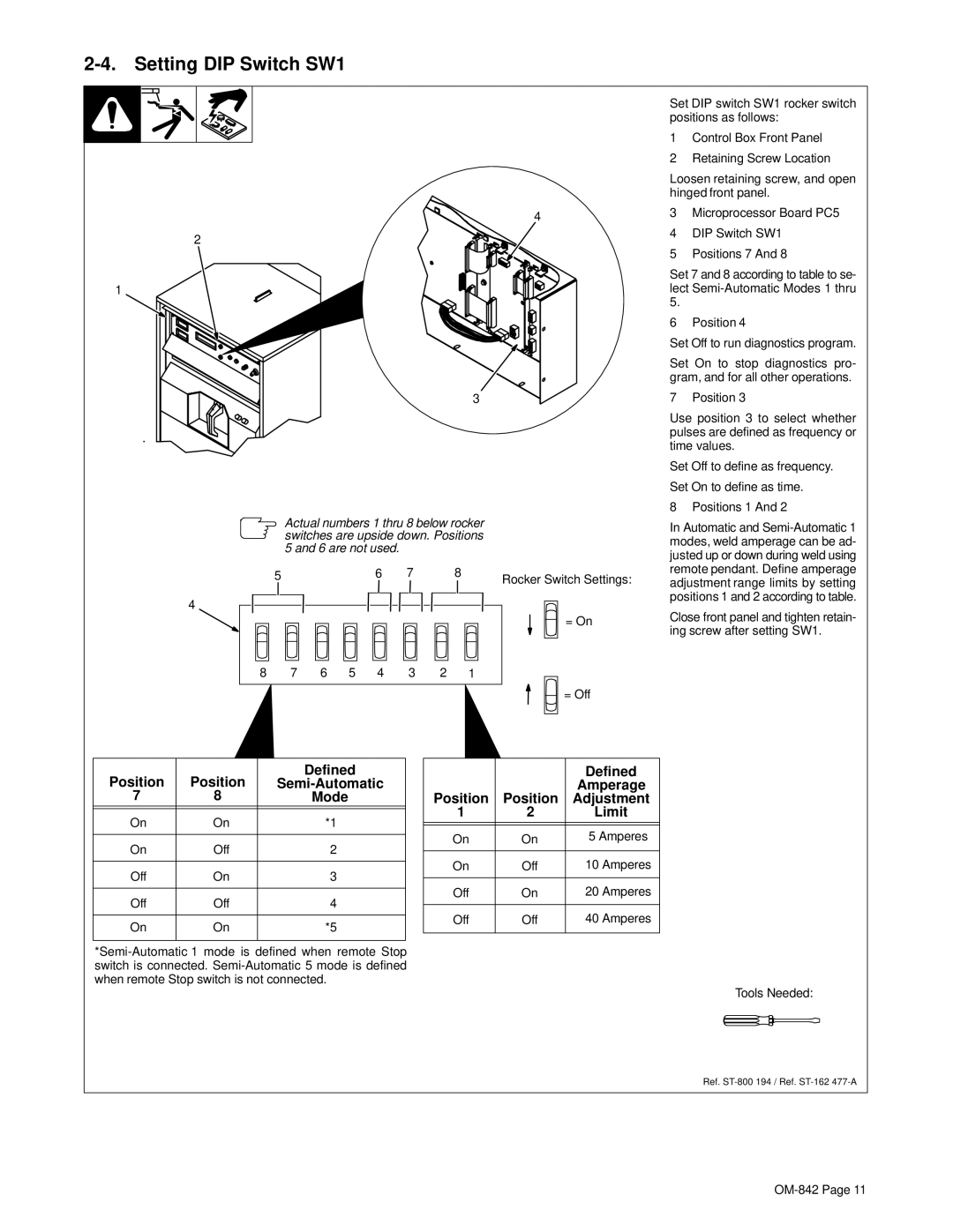 Miller Electric OM-842 manual Setting DIP Switch SW1, Rocker Switch Settings = On = Off 