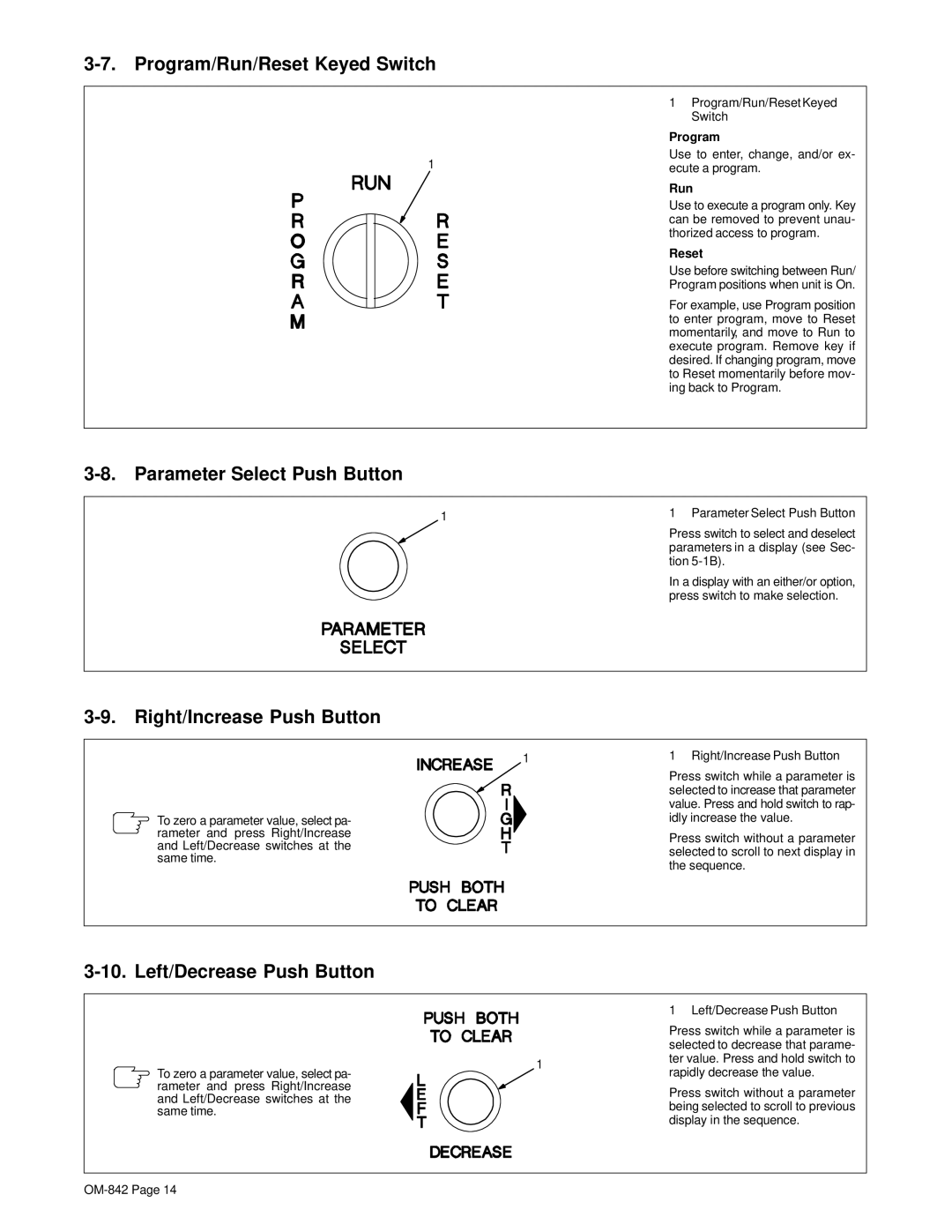 Miller Electric OM-842 manual Program/Run/Reset Keyed Switch, Parameter Select Push Button, Right/Increase Push Button 