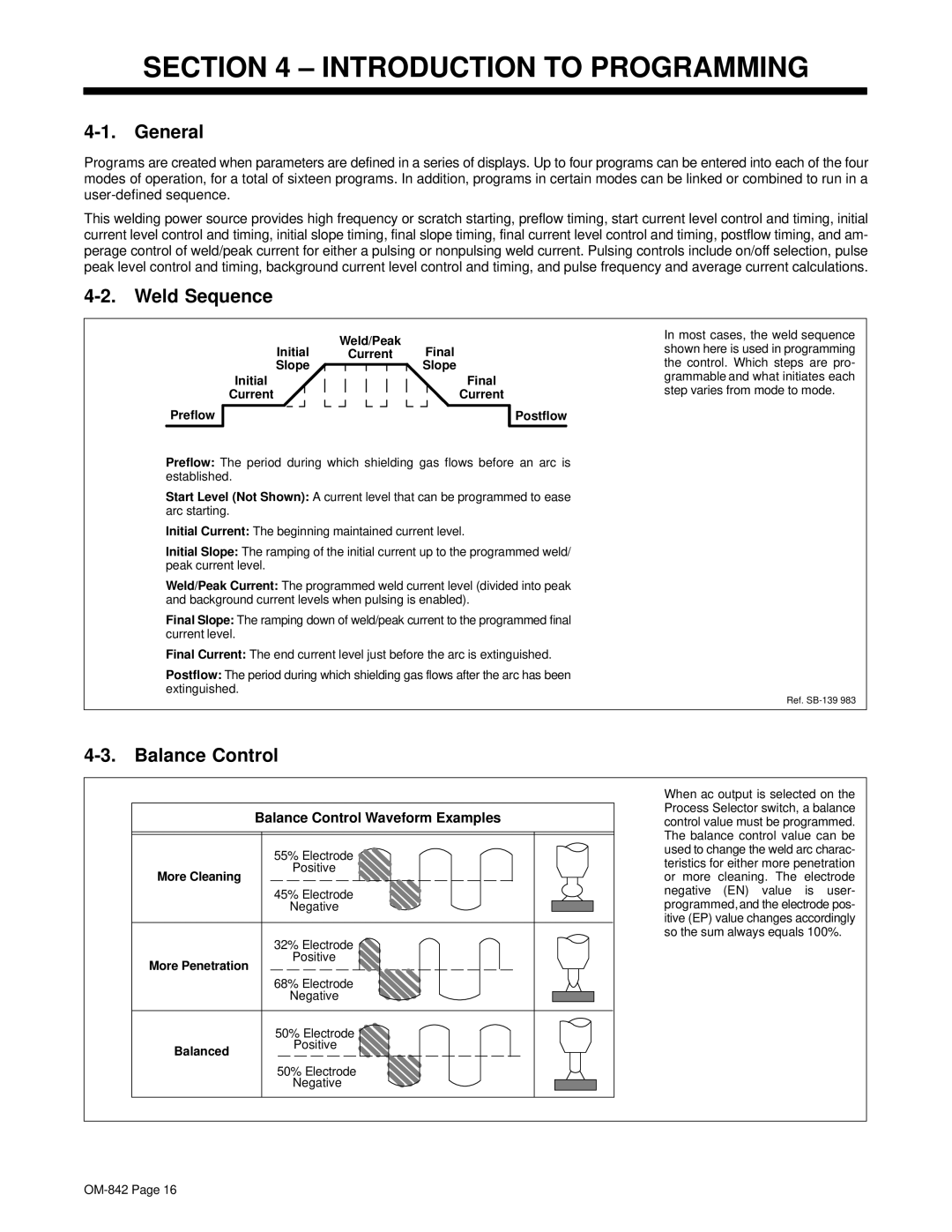 Miller Electric OM-842 manual Introduction to Programming, General, Weld Sequence, Balance Control 