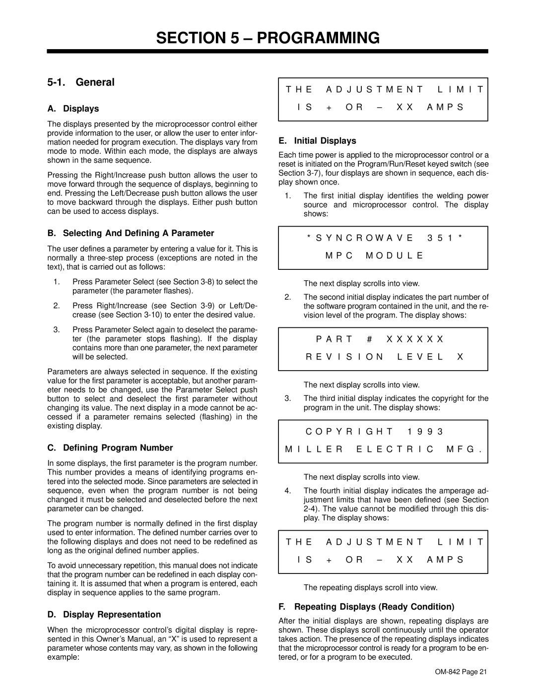 Miller Electric OM-842 manual Programming 