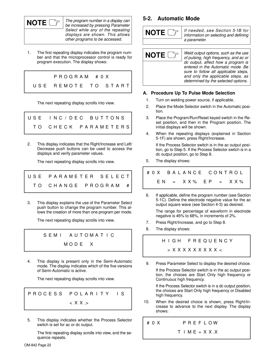 Miller Electric OM-842 manual Automatic Mode, Procedure Up To Pulse Mode Selection 