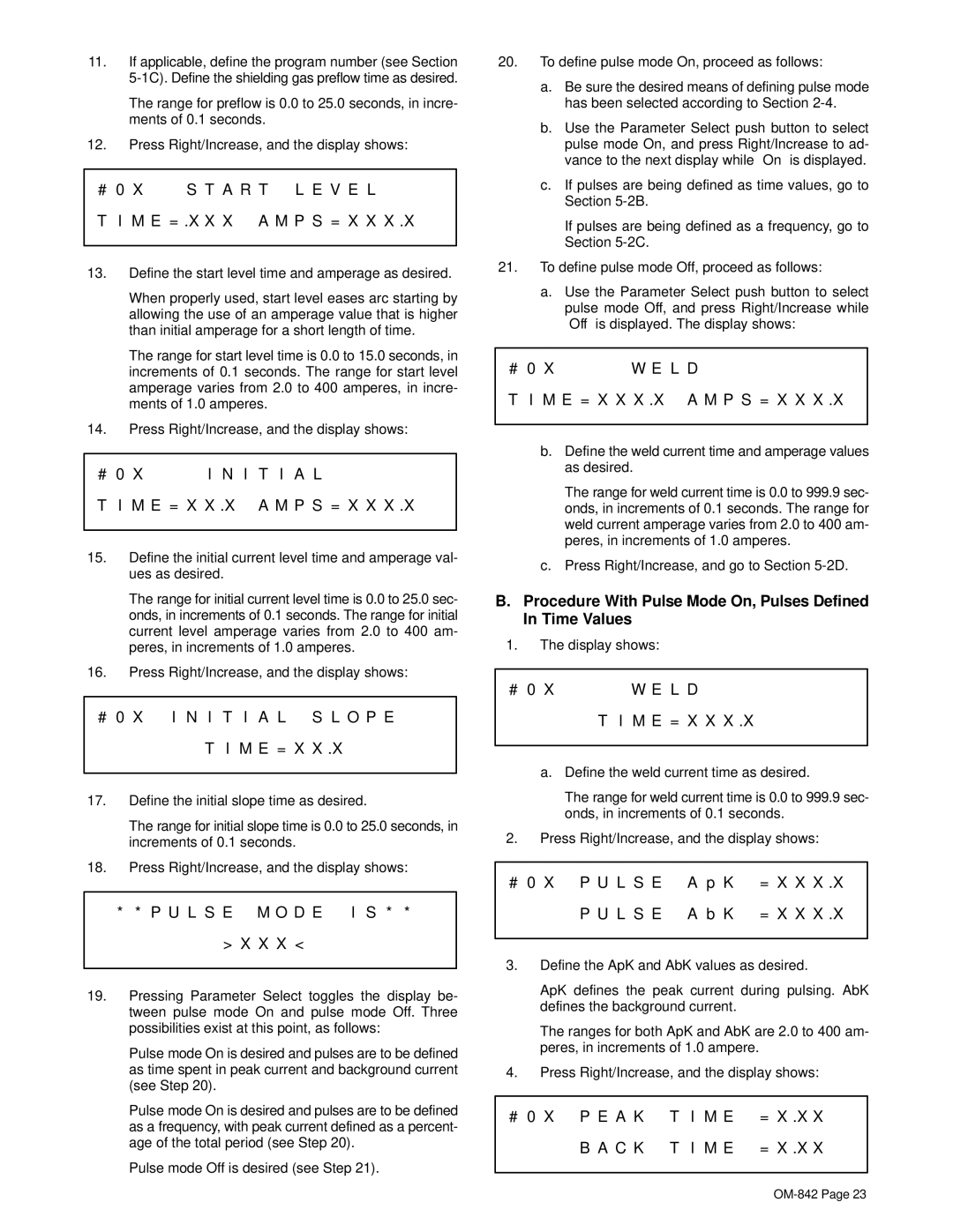 Miller Electric OM-842 manual Procedure With Pulse Mode On, Pulses Defined In Time Values 