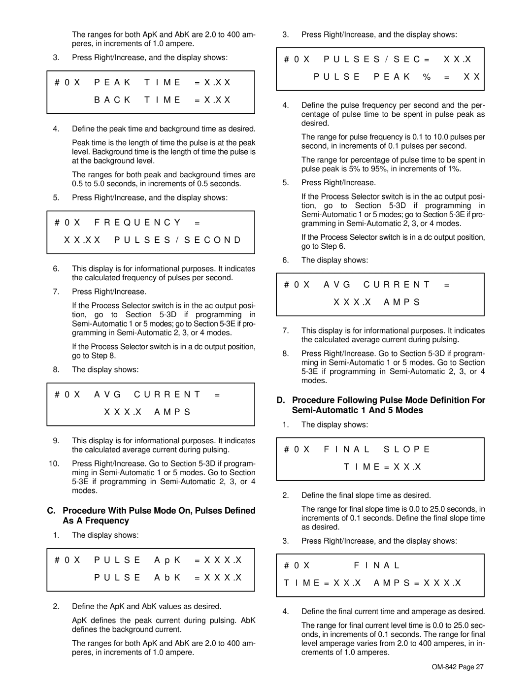 Miller Electric OM-842 manual Procedure With Pulse Mode On, Pulses Defined As a Frequency 