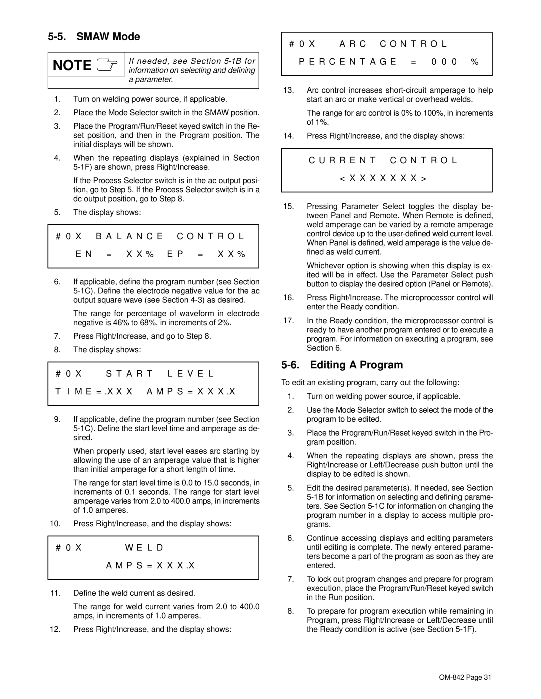 Miller Electric OM-842 manual Smaw Mode, Editing a Program, # 0 X a R C C O N T R O L R C E N T a G E = 0 0 0 % 