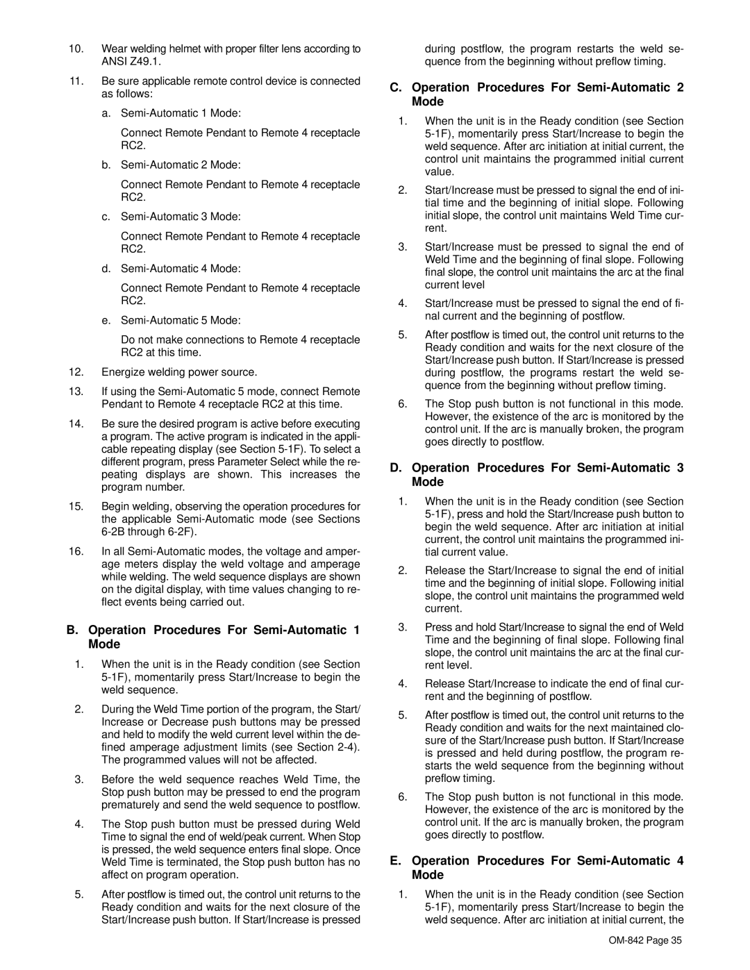 Miller Electric OM-842 Operation Procedures For Semi-Automatic 1 Mode, Operation Procedures For Semi-Automatic 2 Mode 