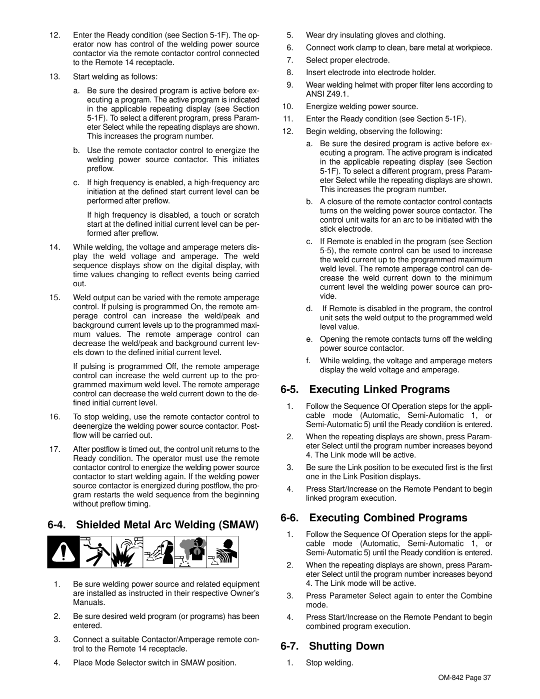 Miller Electric OM-842 manual Shielded Metal Arc Welding Smaw, Executing Linked Programs, Executing Combined Programs 