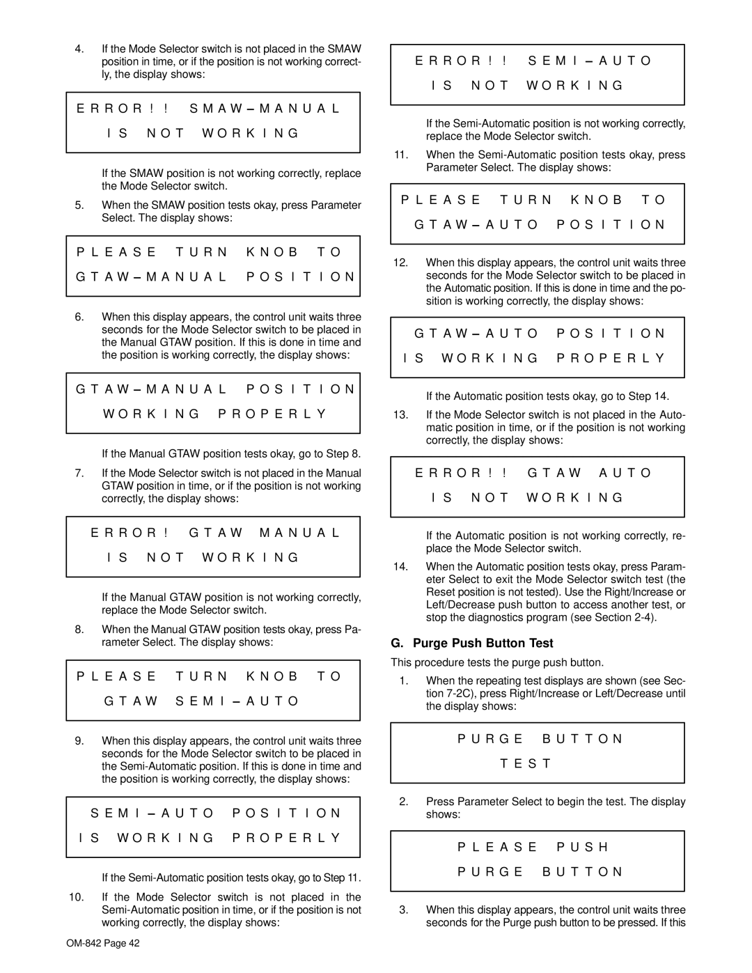 Miller Electric OM-842 manual W O R K I N G O P E R L Y, E a S E T U R N K N O B T O, Purge Push Button Test 