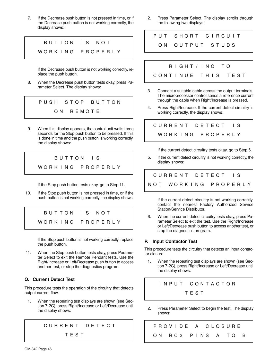 Miller Electric OM-842 manual Current Detect Test, Input Contactor Test 