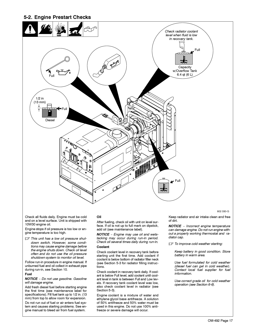 Miller Electric PipePro 304 manual Engine Prestart Checks, This unit has a low oil pressure shut, Fuel, Oil, Coolant 