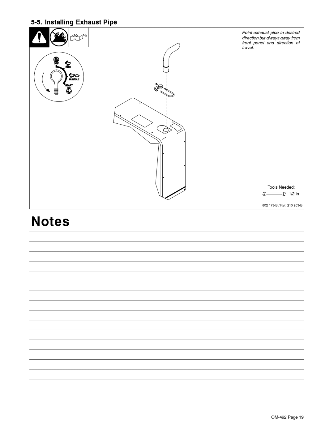 Miller Electric PipePro 304 manual Installing Exhaust Pipe, Tools Needed 1/2 