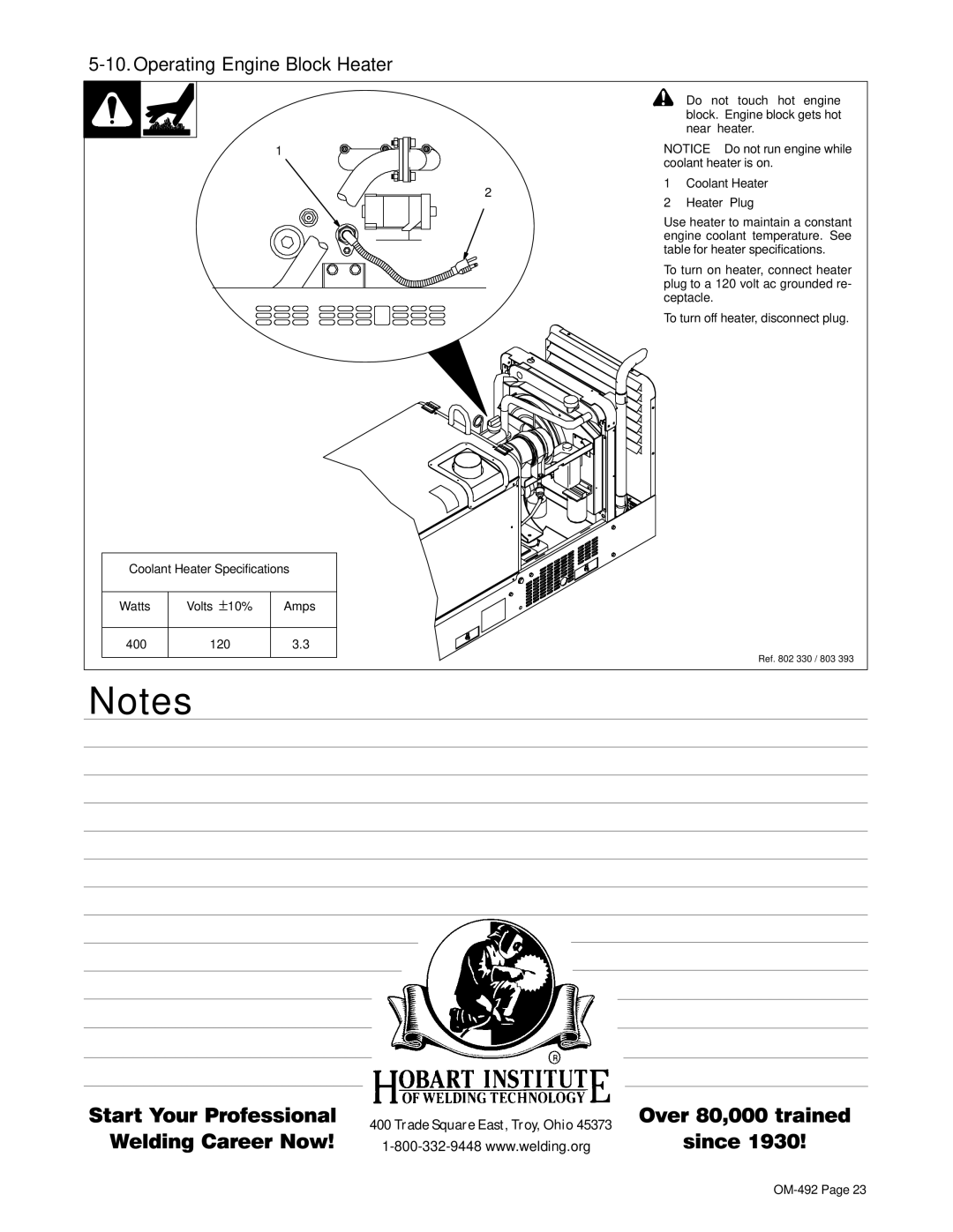 Miller Electric PipePro 304 manual Operating Engine Block Heater 