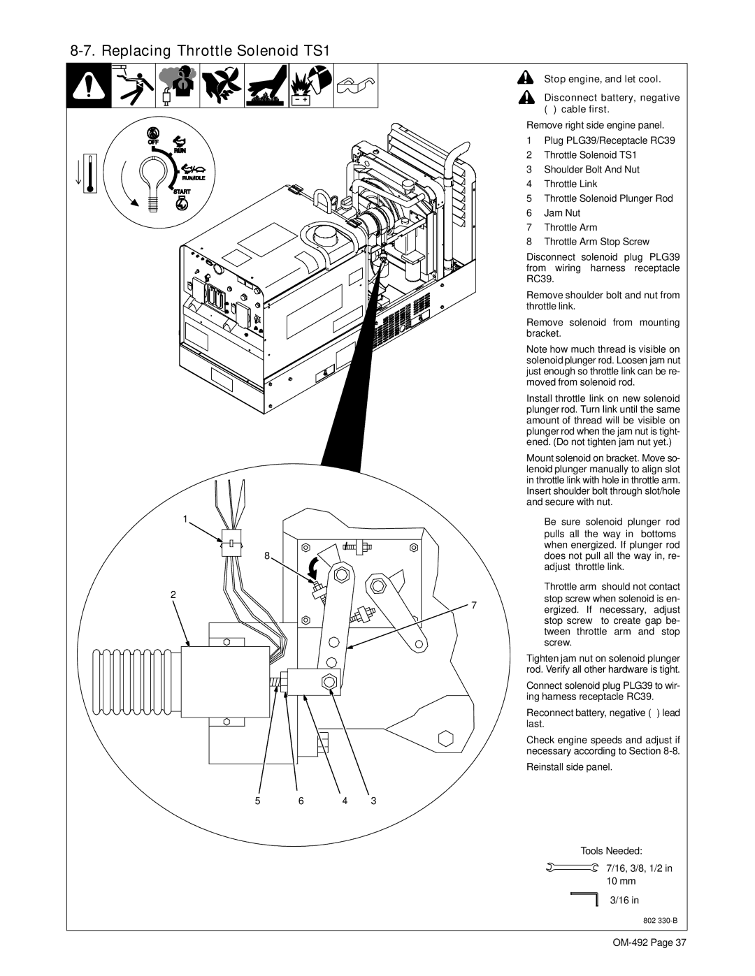 Miller Electric PipePro 304 manual Replacing Throttle Solenoid TS1, cable first, Be sure solenoid plunger rod 