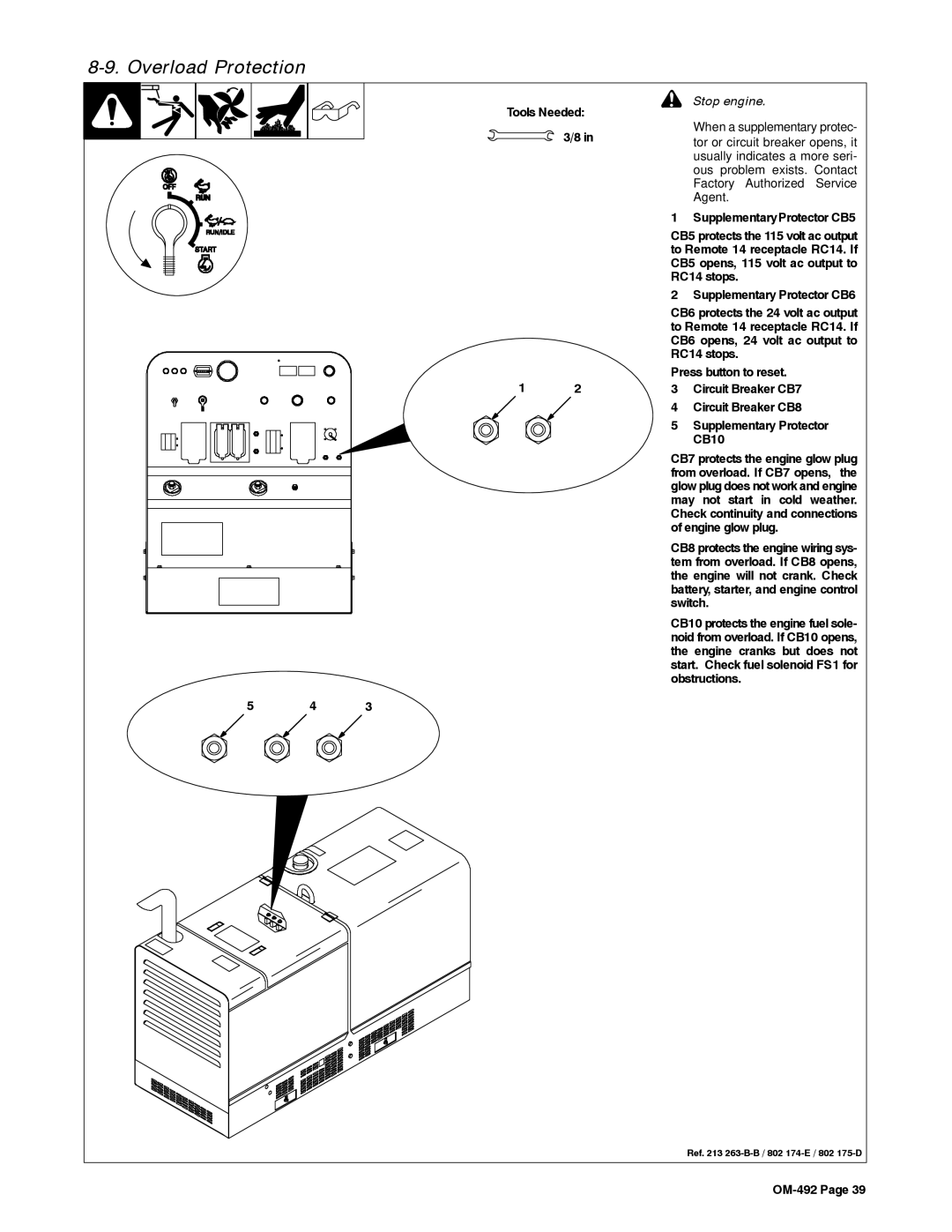 Miller Electric PipePro 304 manual Overload Protection, Stop engine 