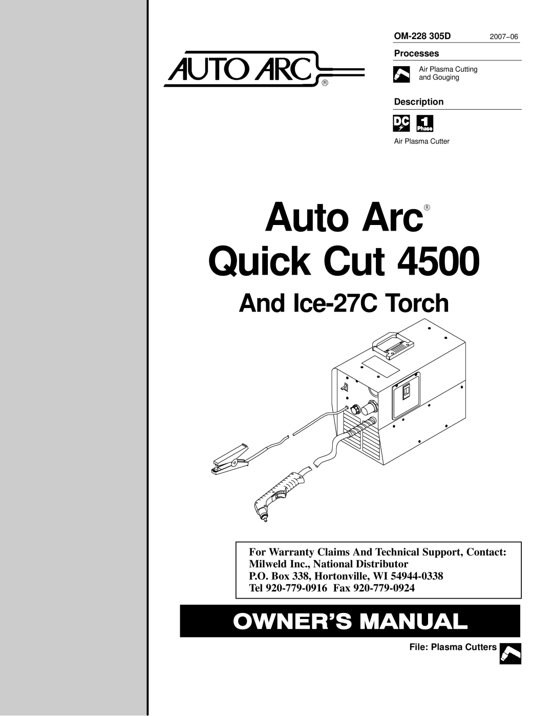 Miller Electric pmn warranty OM-228 305D 2007−06 Processes, Description, File Plasma Cutters 