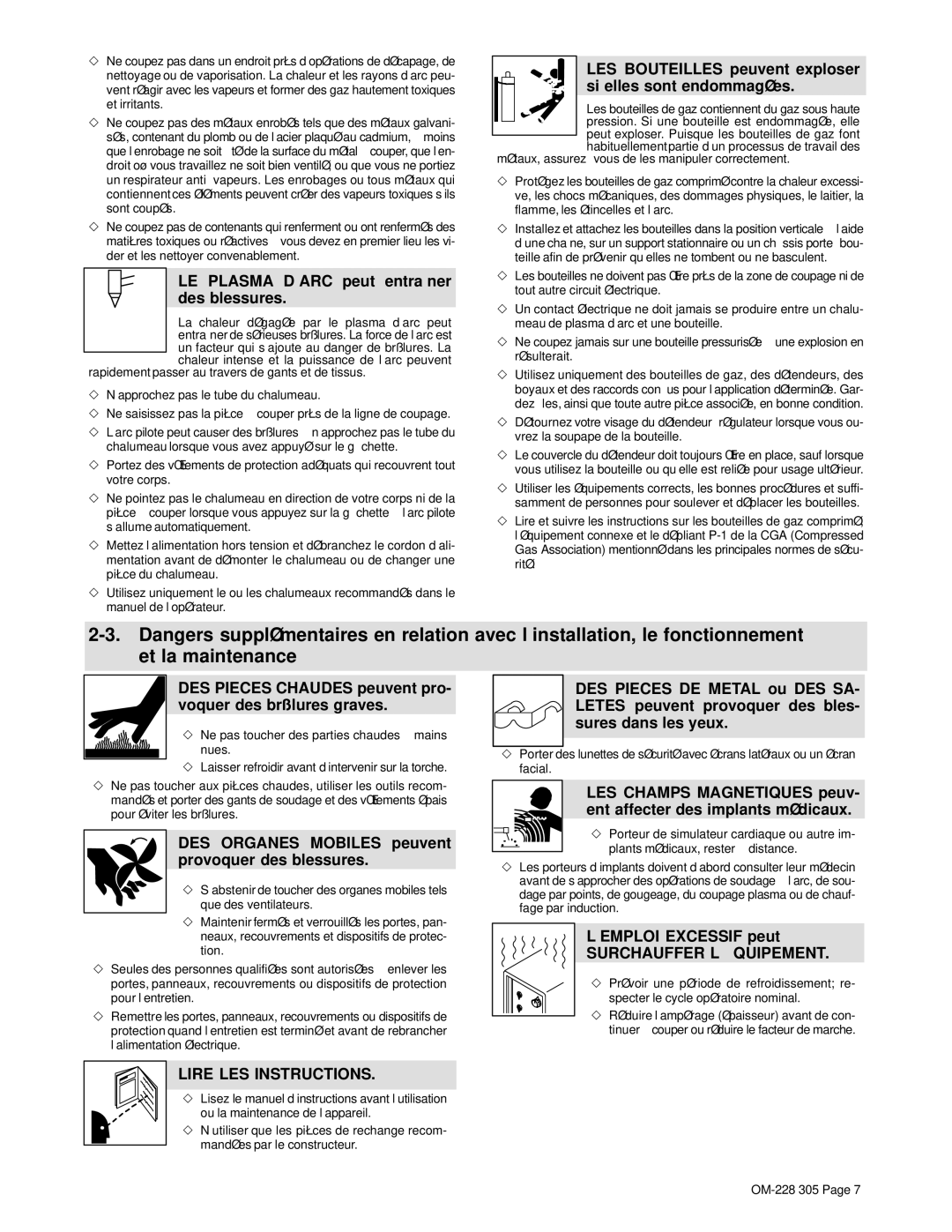 Miller Electric pmn LE Plasma D’ARC peut entraîner des blessures, DES Organes Mobiles peuvent provoquer des blessures 