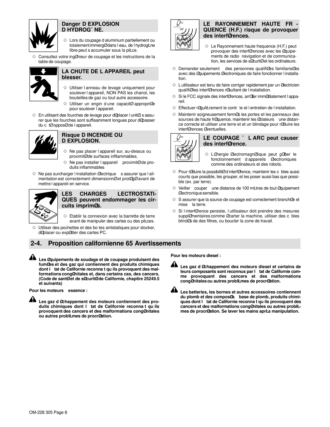 Miller Electric pmn Proposition californienne 65 Avertissements, LA Chute DE L’APPAREIL peut blesser, Risque D’INCENDIE OU 