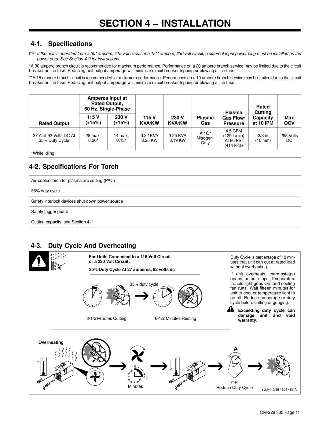 Miller Electric pmn warranty Installation, Specifications For Torch, Duty Cycle And Overheating 