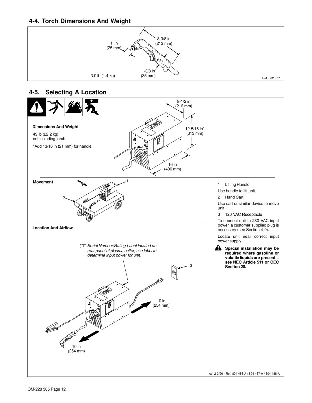 Miller Electric pmn warranty Torch Dimensions And Weight, Selecting a Location, Location And Airflow 