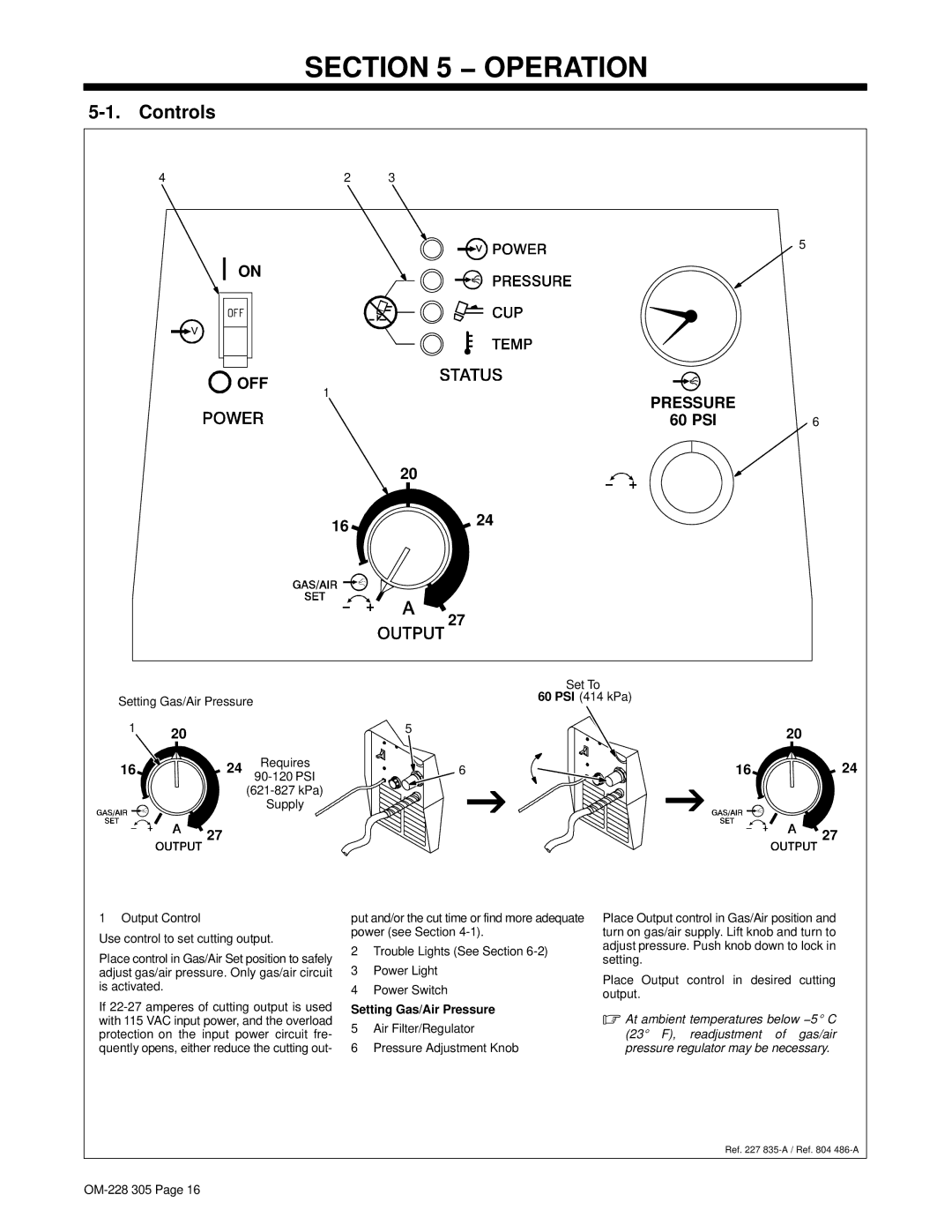 Miller Electric pmn warranty Operation, Controls, 60 PSI, Setting Gas/Air Pressure 