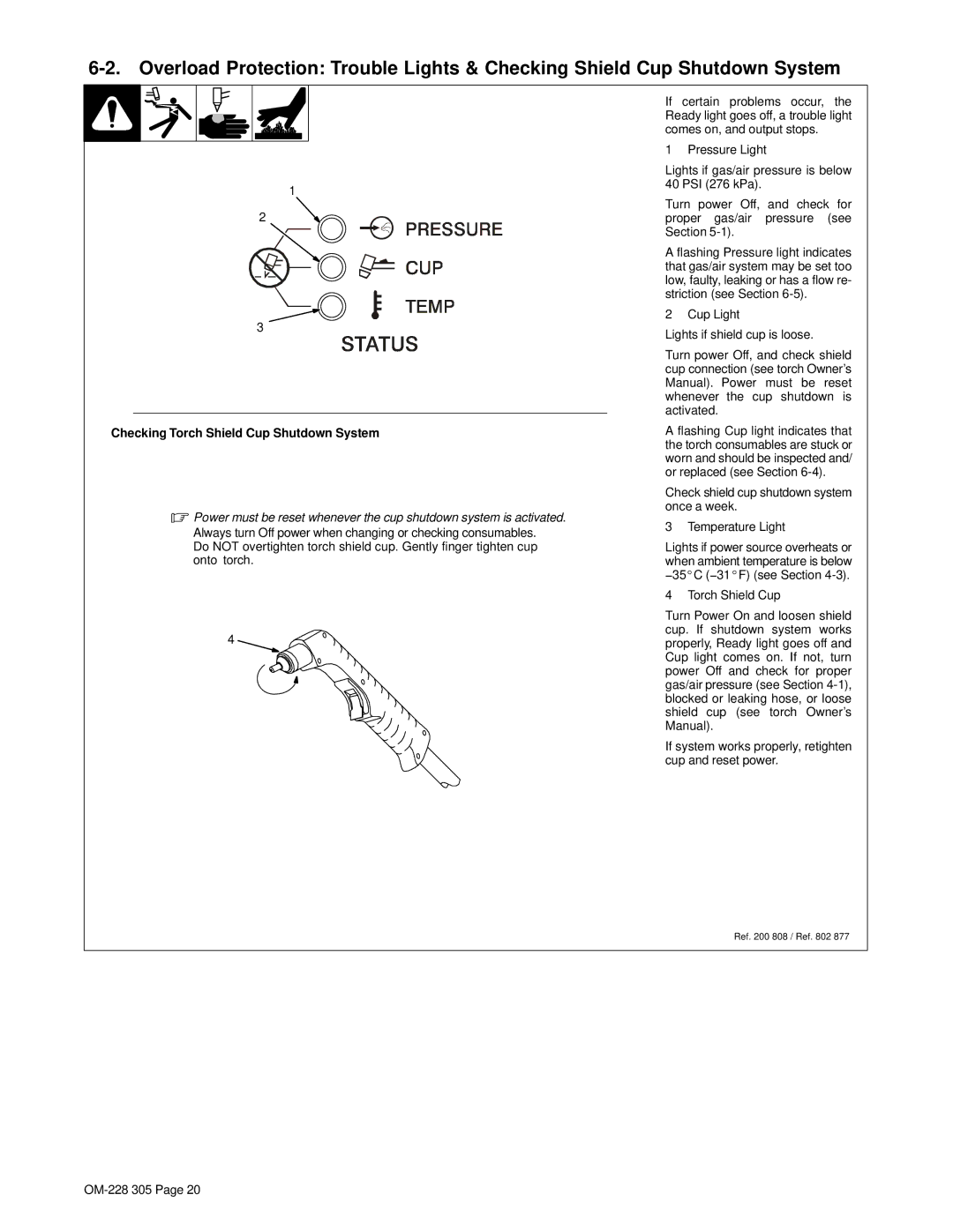 Miller Electric pmn warranty Checking Torch Shield Cup Shutdown System, Cup Light Lights if shield cup is loose 