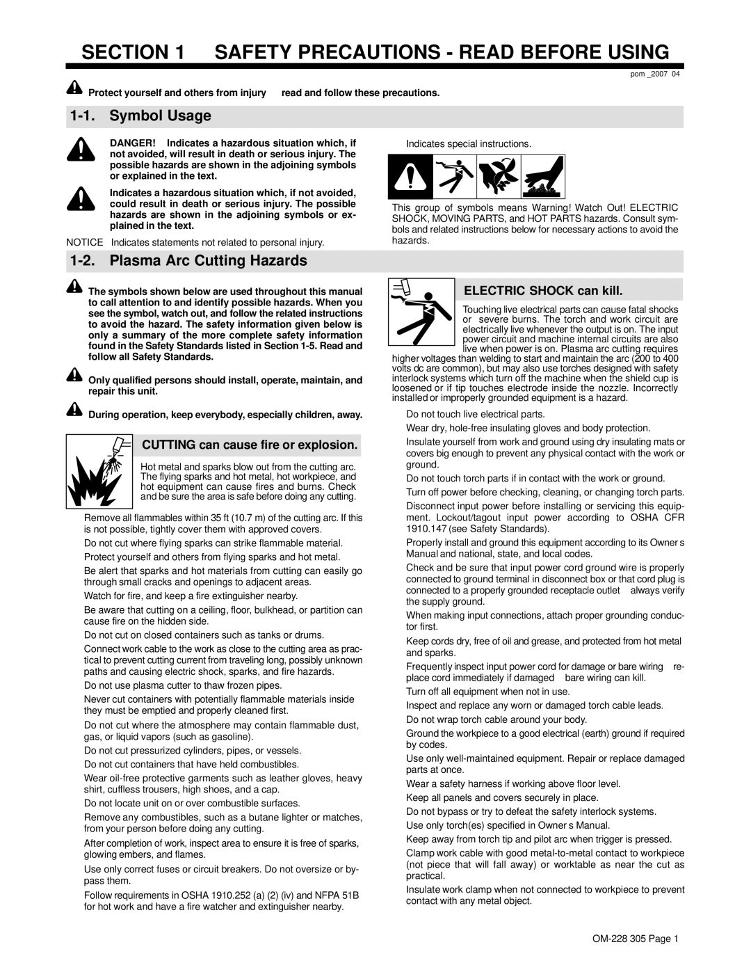 Miller Electric pmn Symbol Usage, Plasma Arc Cutting Hazards, Cutting can cause fire or explosion, Electric Shock can kill 