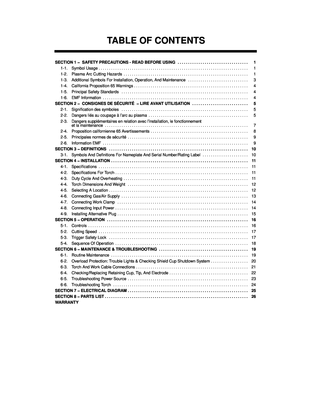 Miller Electric pmn Table Of Contents, Safety Precautions - Read Before Using, Operation, Maintenance & Troubleshooting 