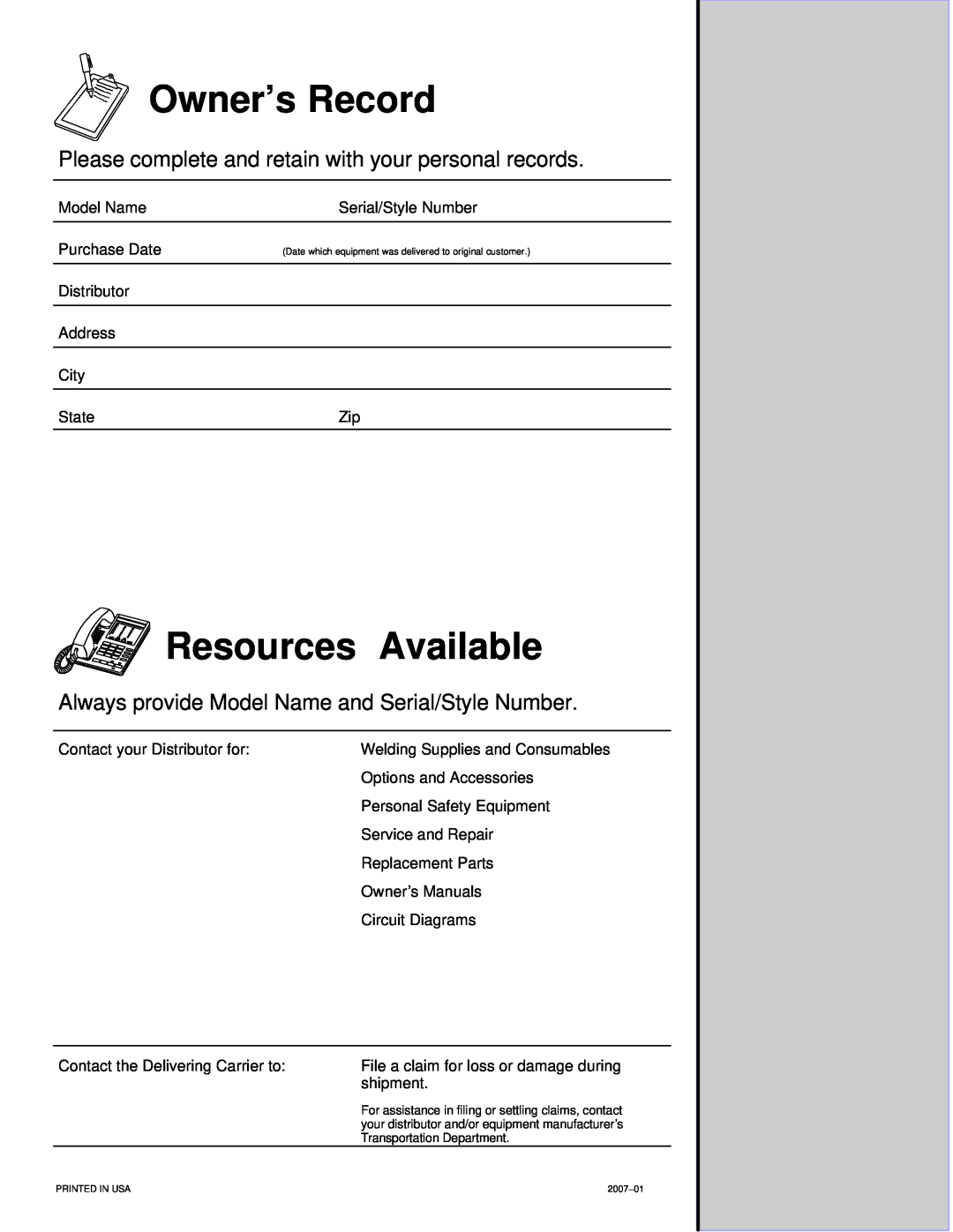 Miller Electric pmn warranty Owner’s Record, Resources Available, Please complete and retain with your personal records 