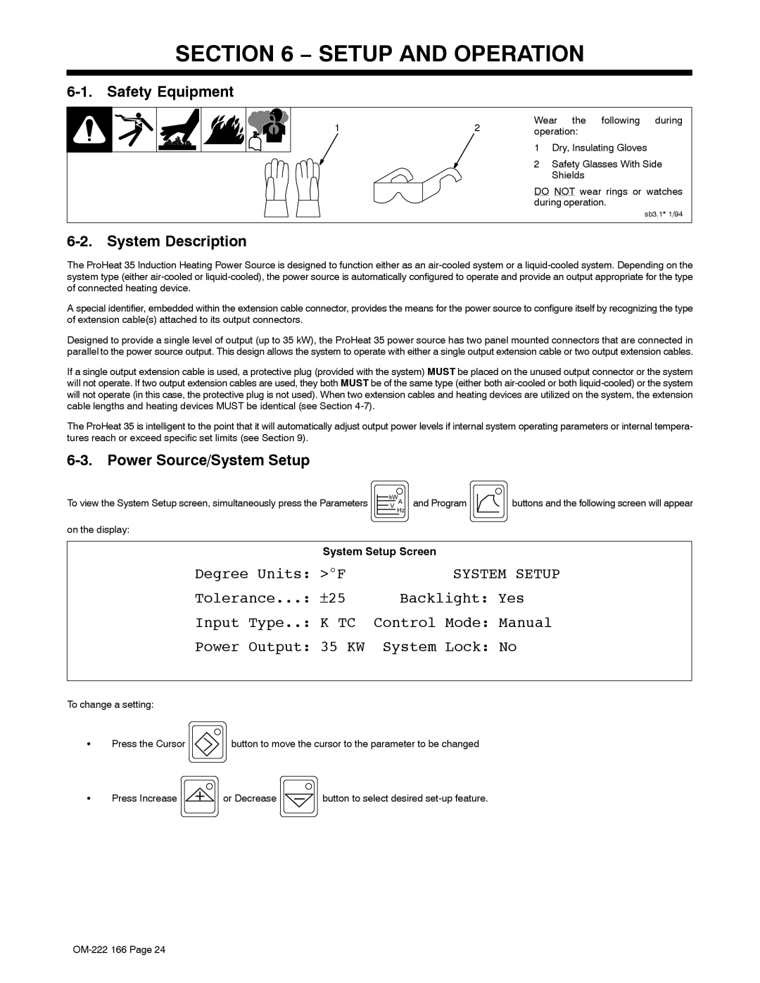 Miller Electric ProHeat 35 manual Setup and Operation, Safety Equipment, System Description, Power Source/System Setup 