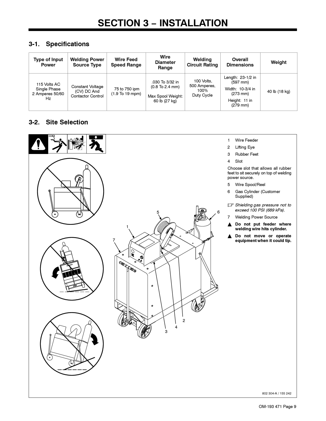 Miller Electric R-115 manual Specifications, Site Selection, Welding Power, Wire 