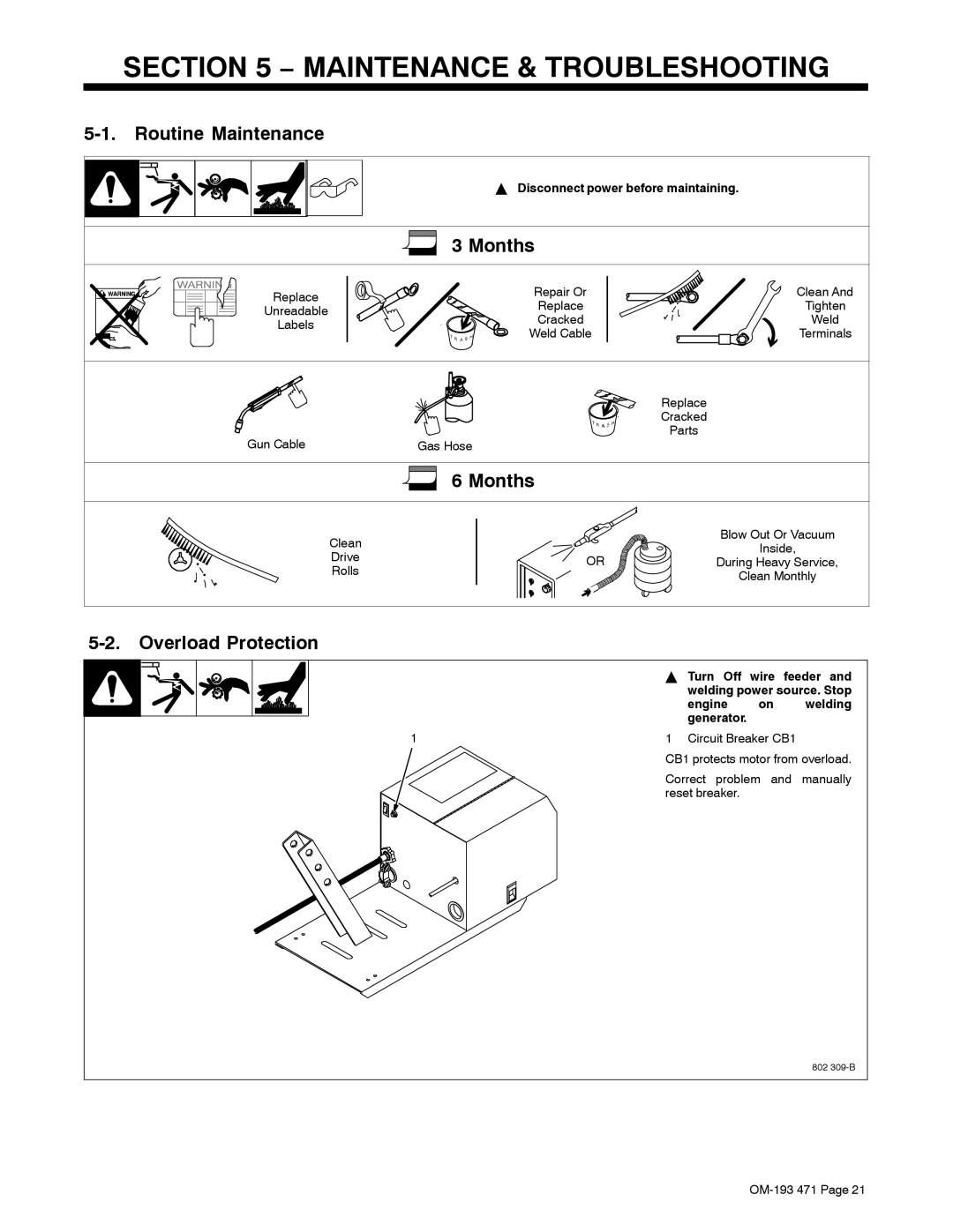 Miller Electric R-115 manual Routine Maintenance, Months, Overload Protection 