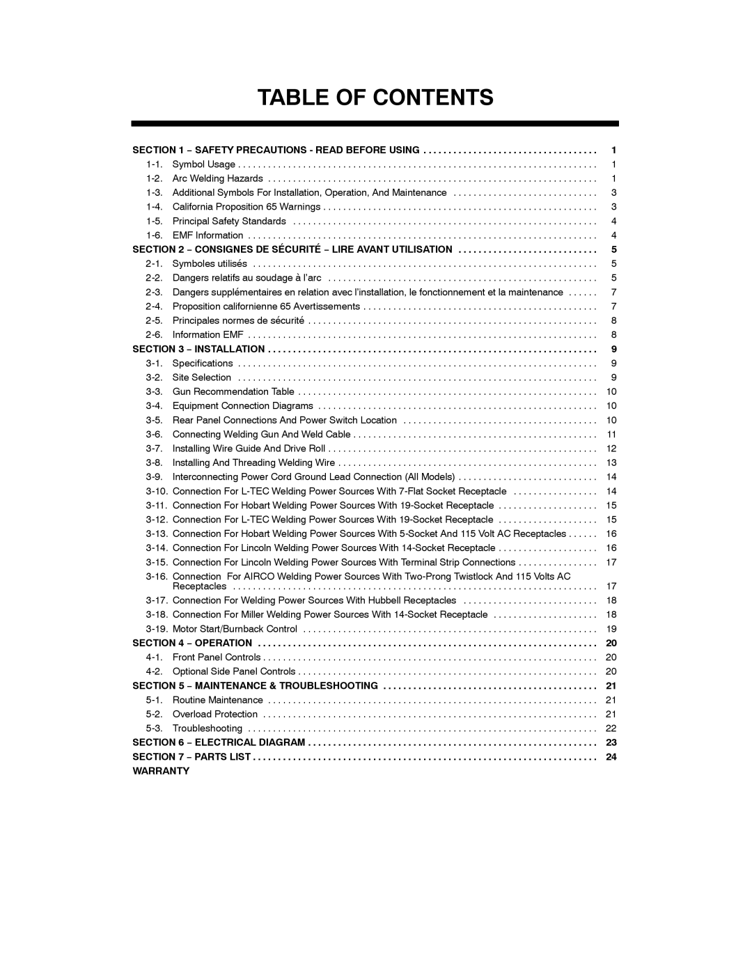 Miller Electric R-115 manual Table of Contents 