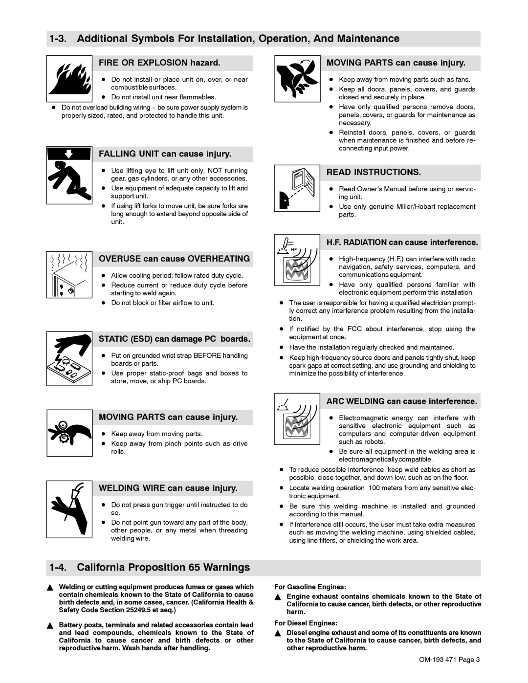 Miller Electric R-115 manual California Proposition 65 Warnings 