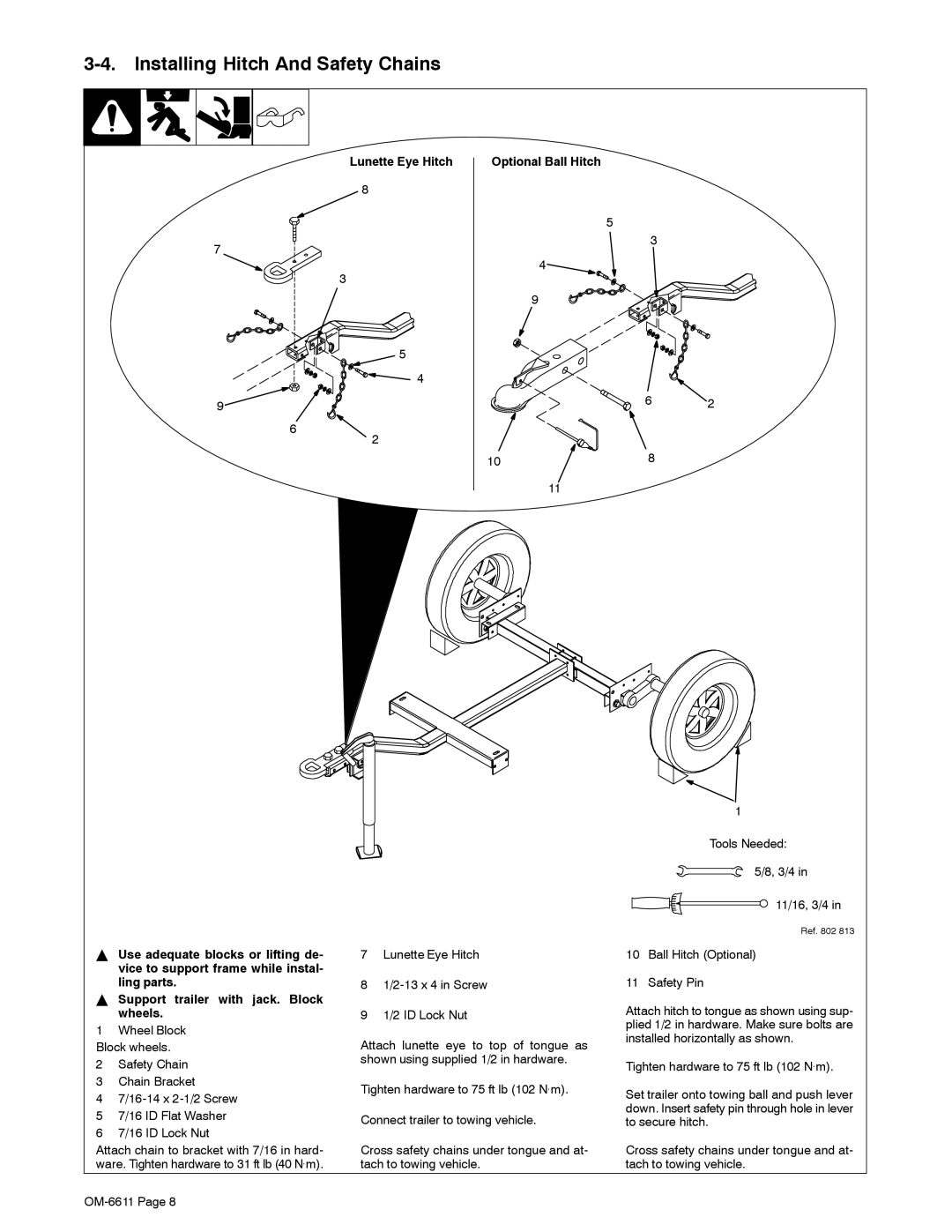 Miller Electric RCT-224 Trailer manual Installing Hitch And Safety Chains, Lunette Eye Hitch Optional Ball Hitch 