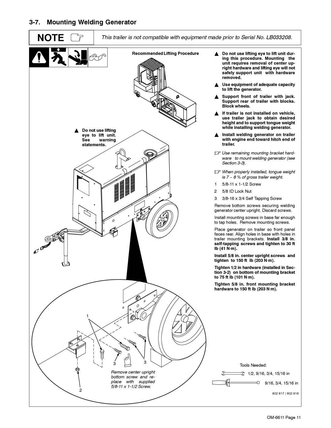 Miller Electric RCT-224 Trailer manual Mounting Welding Generator 