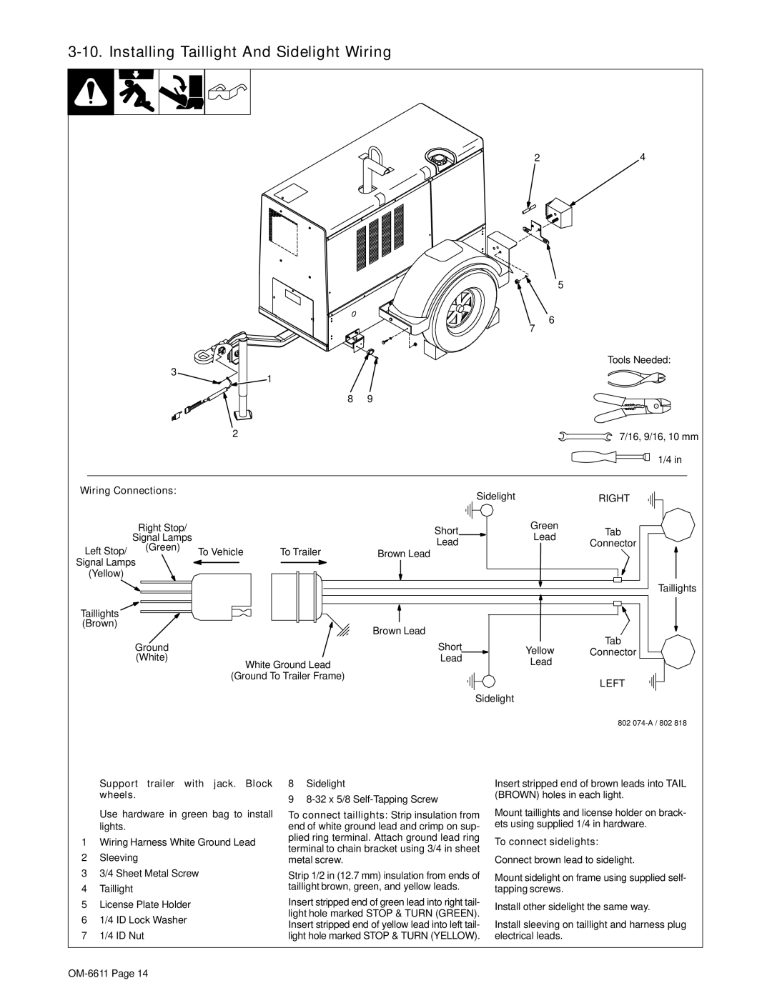 Miller Electric RCT-224 Trailer manual Use hardware in green bag to install lights, To connect sidelights 